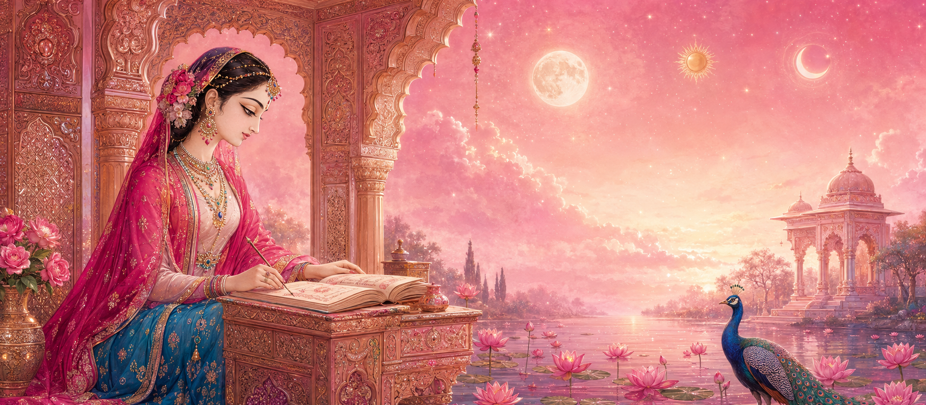 Ragini reading a Panchang manuscript in a celestial rose garden